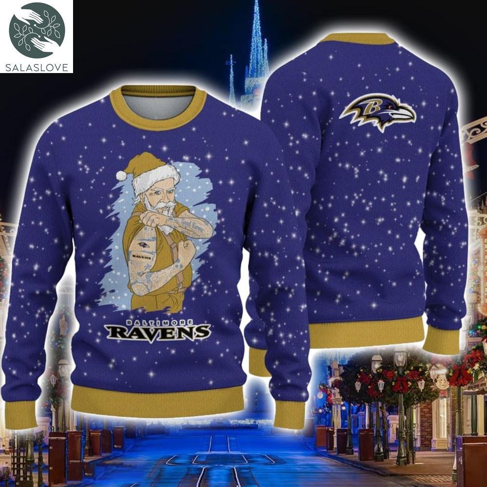 Baltimore Ravens Fans Santa Claus Tattoo Ugly Christmas Sweater Gift