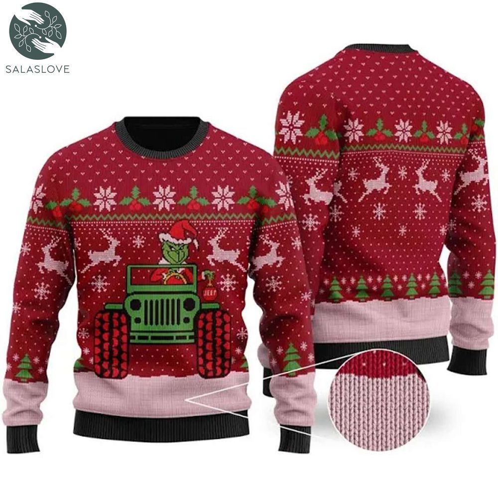 Funny Grinch Drive A Jeep Ugly Sweater, Red Ugly Christmas Sweater

