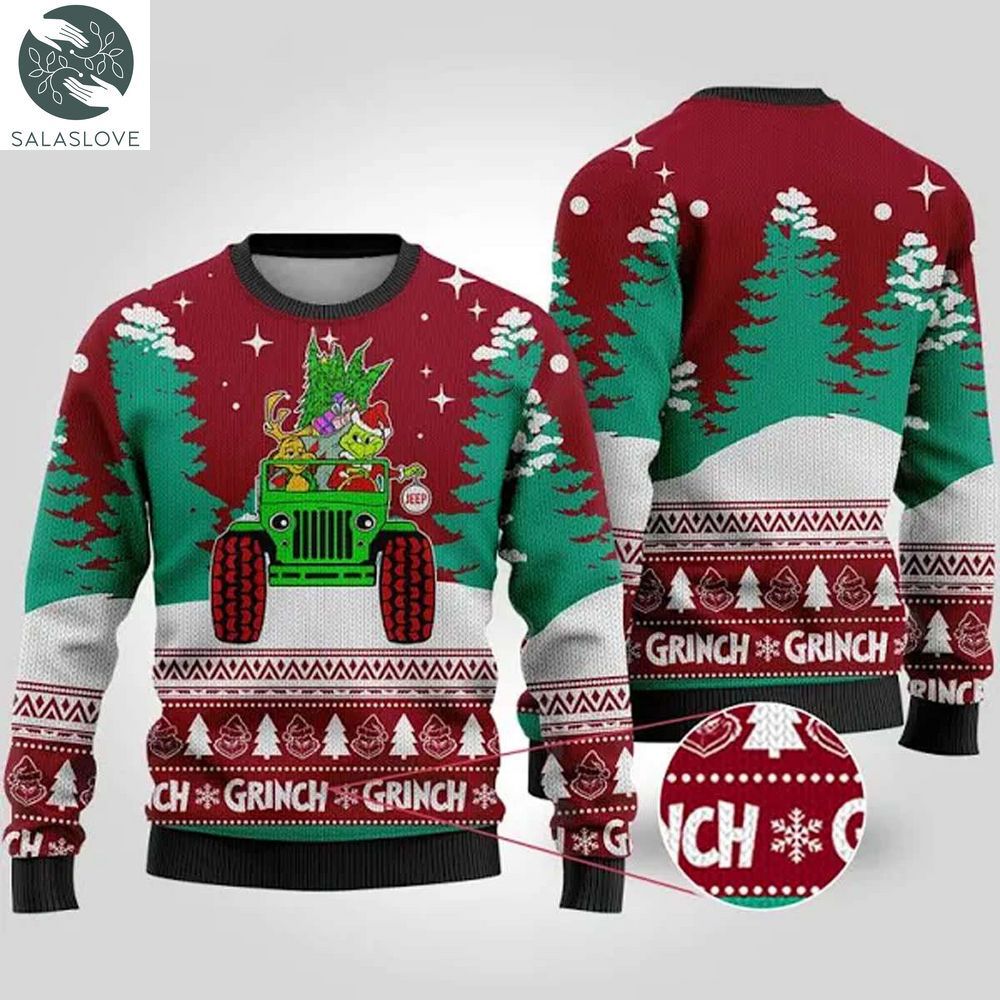  Grinch Xmas Jeep, Red Ugly Christmas Sweater


