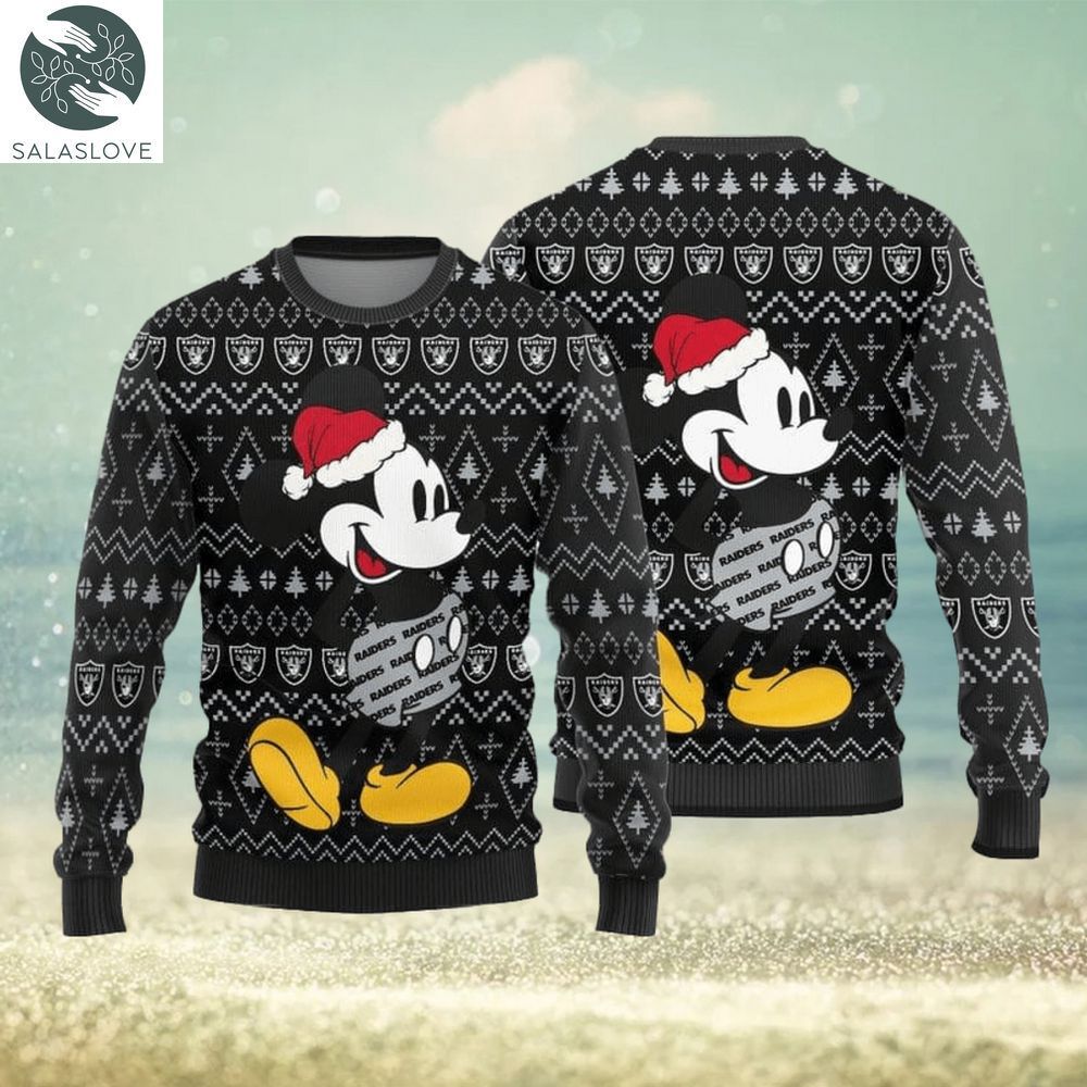 Las Vegas Raiders Mickey Mouse Christmas Pattern Knitted Ugly Christmas Sweater
