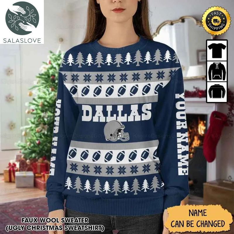 Custom Name Dallas Cowboys All Over Printed Christmas Sweater