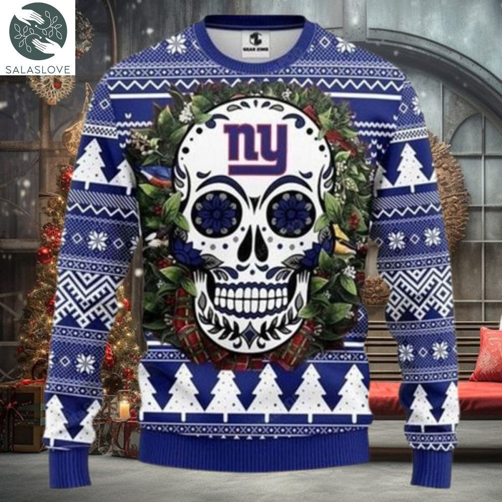 Nfl New York Giants Skull Flower Ugly Christmas Sweater All