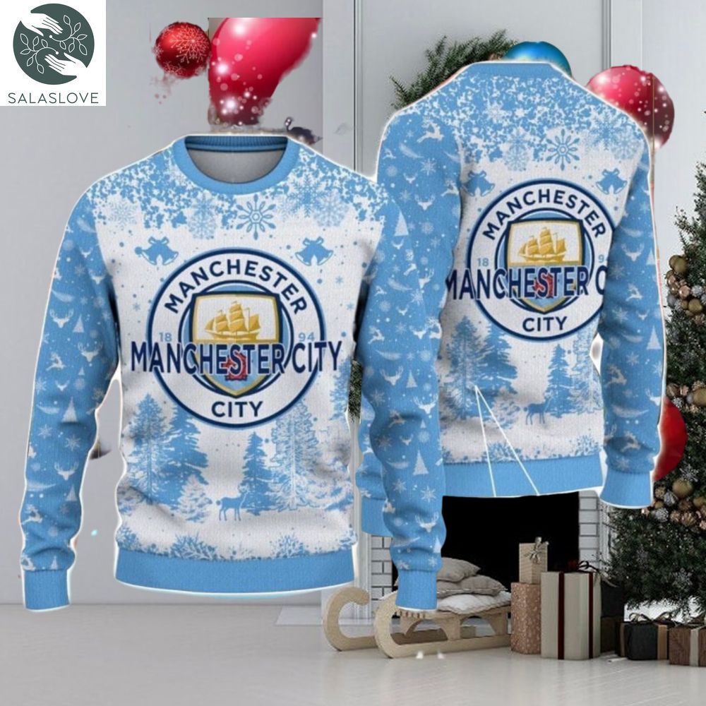 Manchester City Big Logo Pine Trees Big Fans Gift Christmas Sweater

