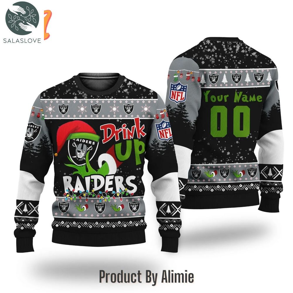 NFL Grinch Drink Up Las Vegas Raiders Custom Ugly Christmas Sweater HT021117