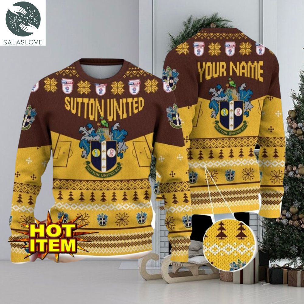Sutton United FC Big Logo Custom Name 3D Ugly Christmas Sweater
