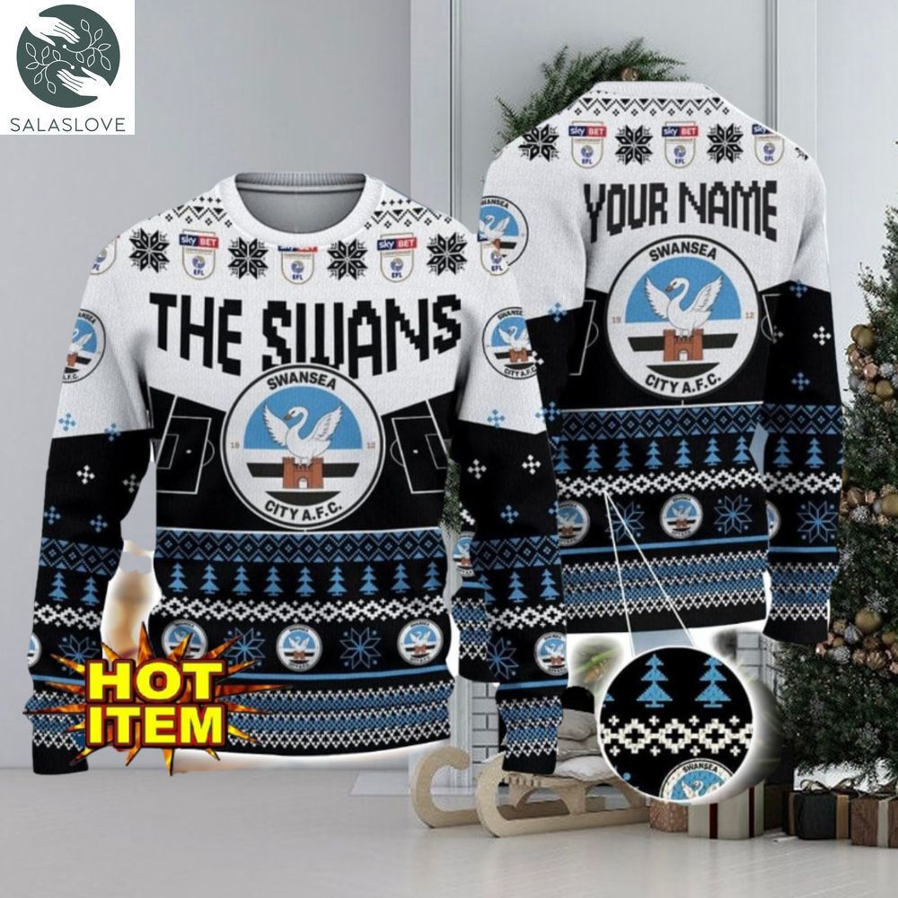 Swansea City FC Big Logo Custom Name 3D Ugly Christmas Sweater
