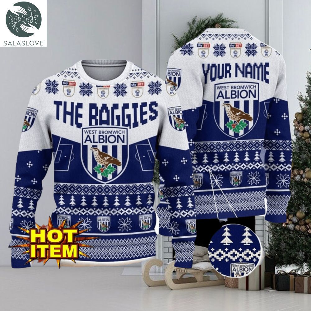 West Bromwich Albion FC Big Logo Custom Name 3D Ugly Christmas Sweater
