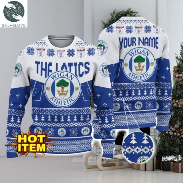 Wigan Athletic FC Big Logo Custom Name 3D Ugly Christmas Sweater

